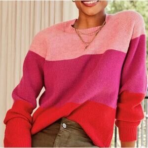 Evereve Frankie Pink Red Colorblock Small Stripe Knit Sweater Soft Warm Cozy